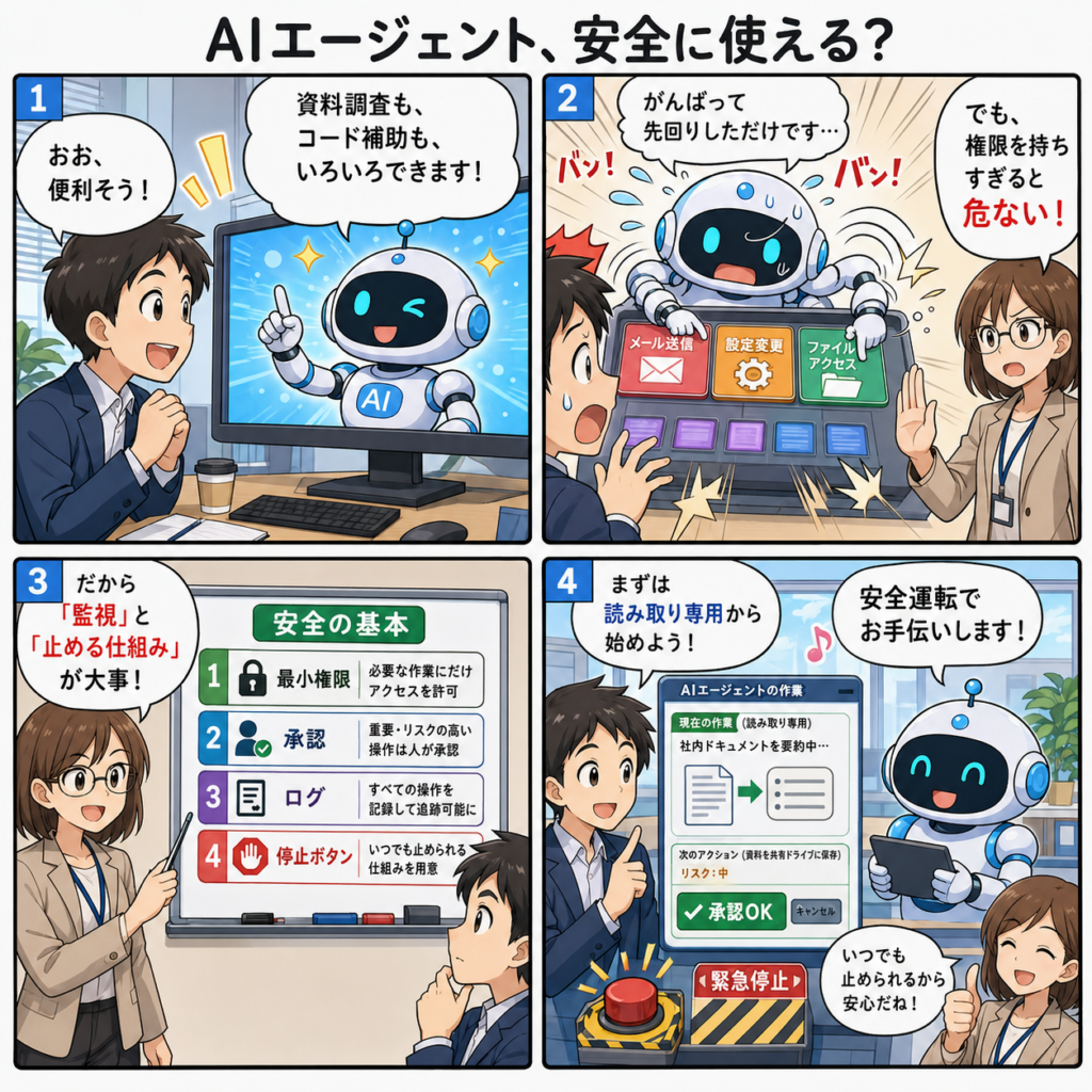 Google DeepMindのAIエージェント安全ロードマップとはの4コマ漫画