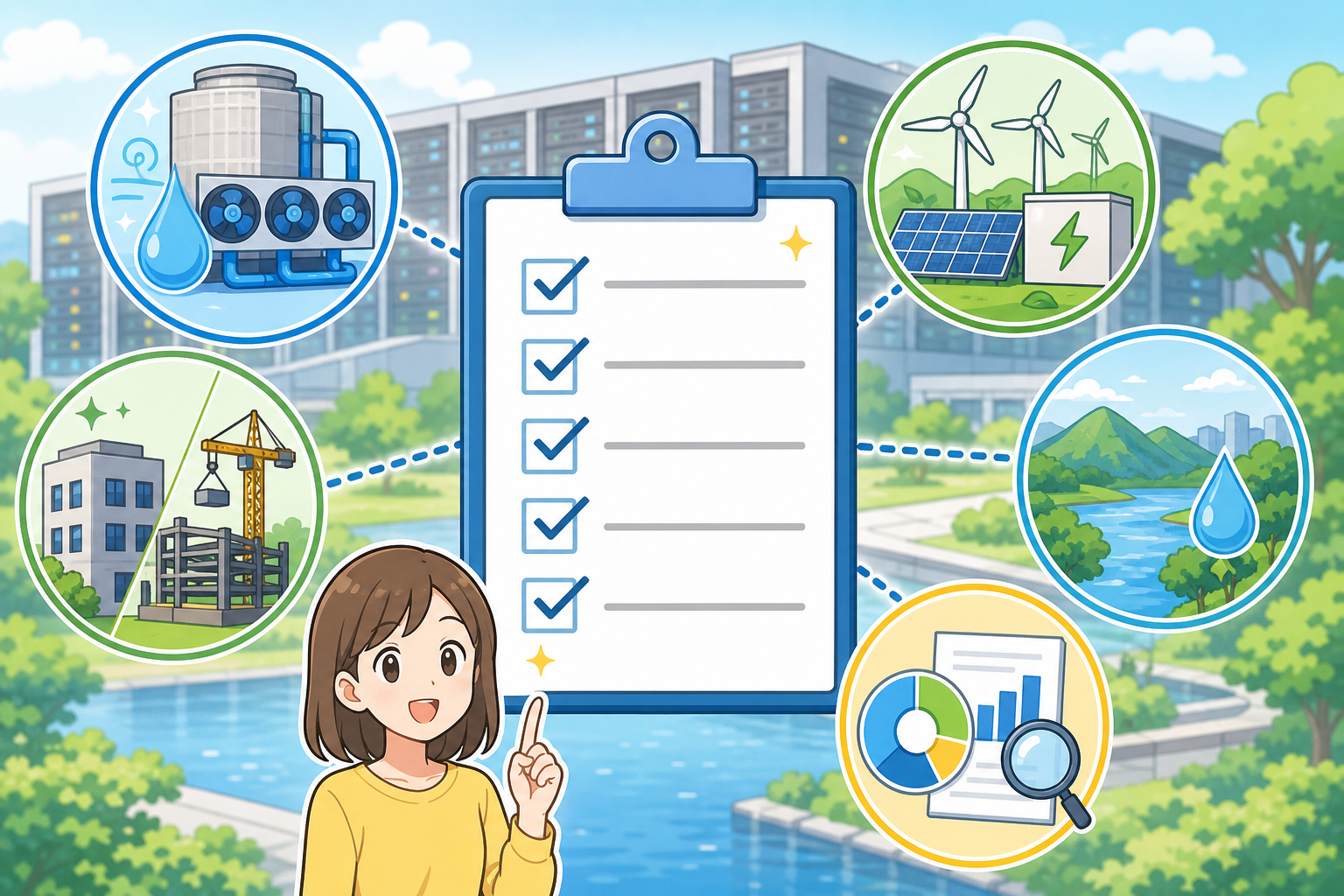 AIデータセンターの水使用確認ポイントを示す図解