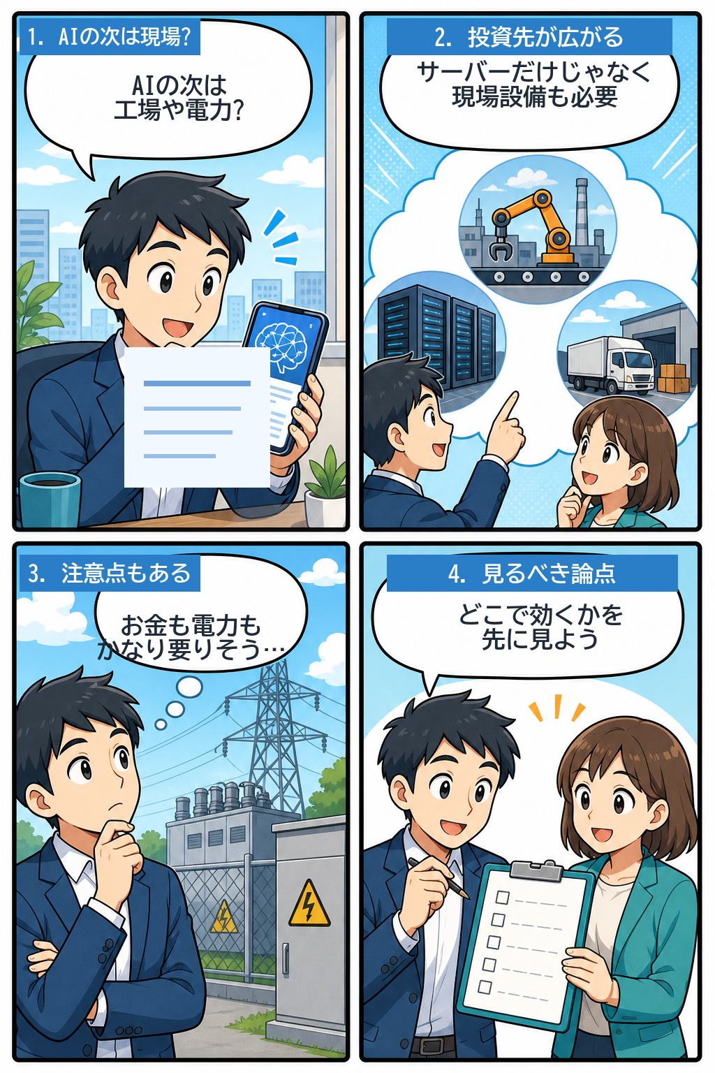 AIの実体経済シフトを会話で整理する4コマ漫画