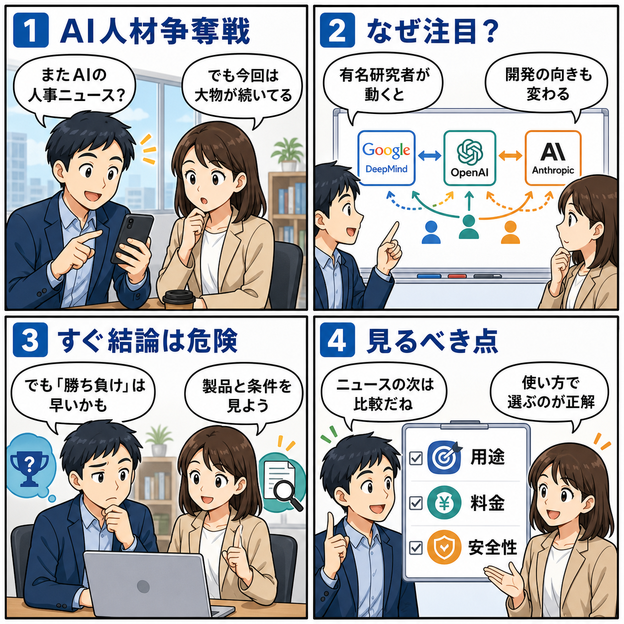 AI人材争奪戦を会話で整理する4コマ漫画