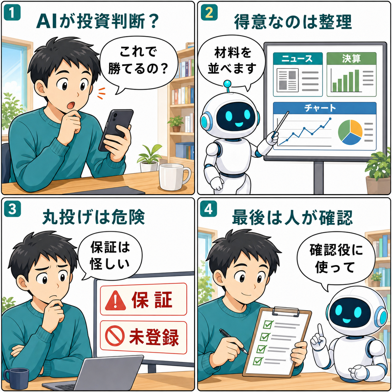 AI投資エージェントの期待と注意点を説明する4コマ漫画