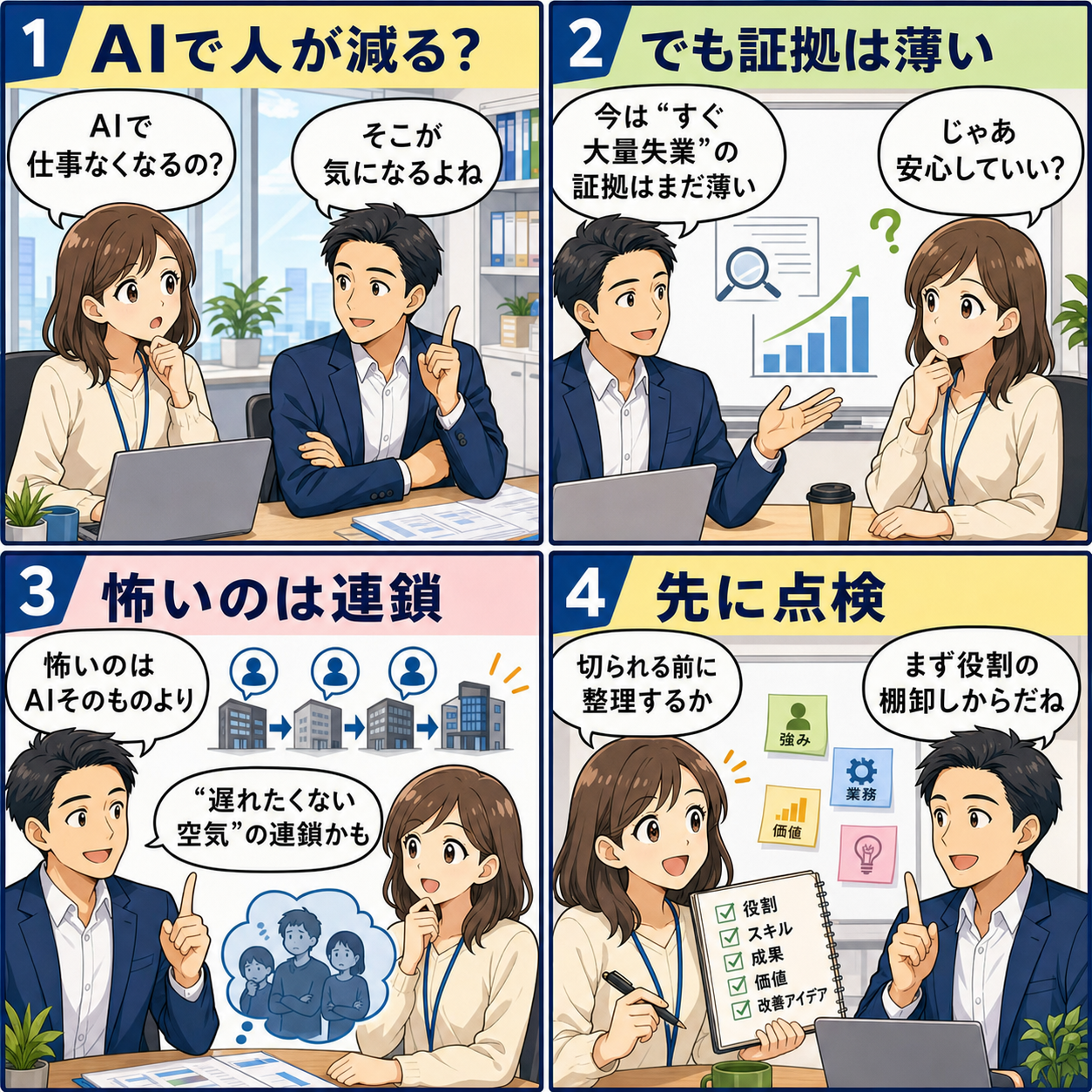 AIレイオフ連鎖と仕事の見極めを会話で整理する4コマ漫画