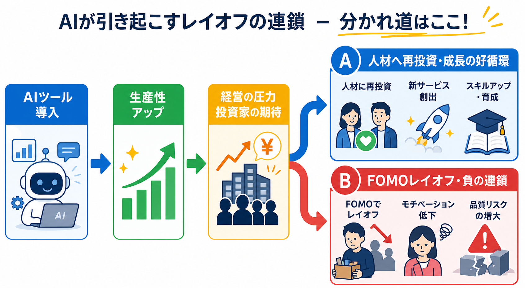 AI導入で増える生産性とレイオフ連鎖の分かれ道を示した図解