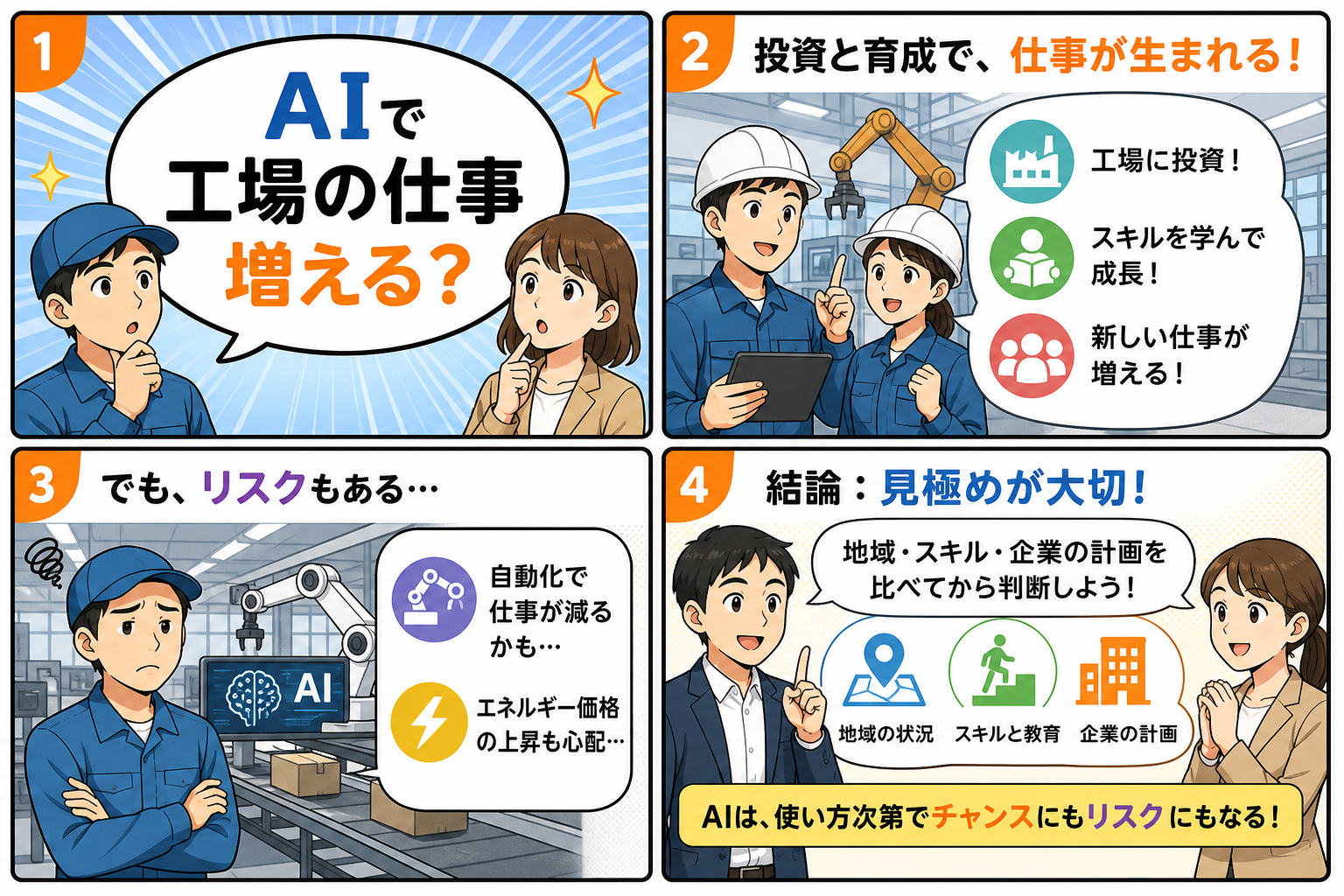 AIで製造業の仕事は増えるのかを会話で整理する4コマ漫画