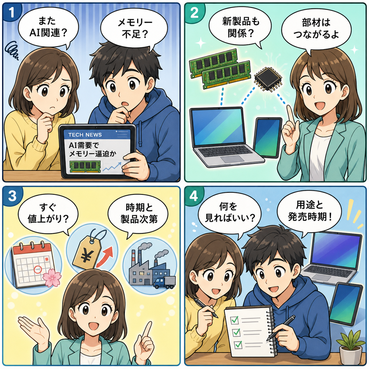 AIメモリー需要とApple新製品を説明する4コマ漫画