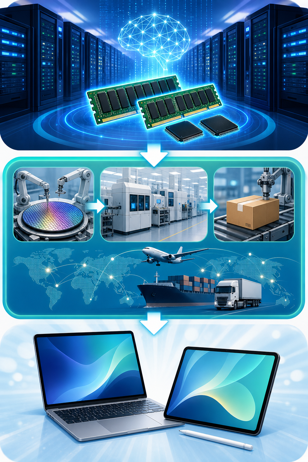 AIサーバー需要からノートPCとタブレットへ波及する流れの図