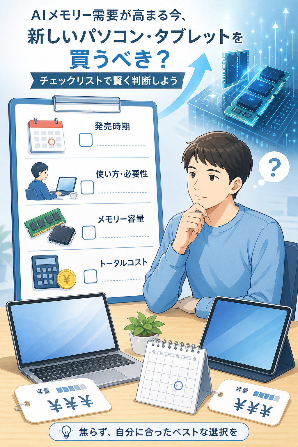 発売時期や用途など購入判断の確認項目を示す図