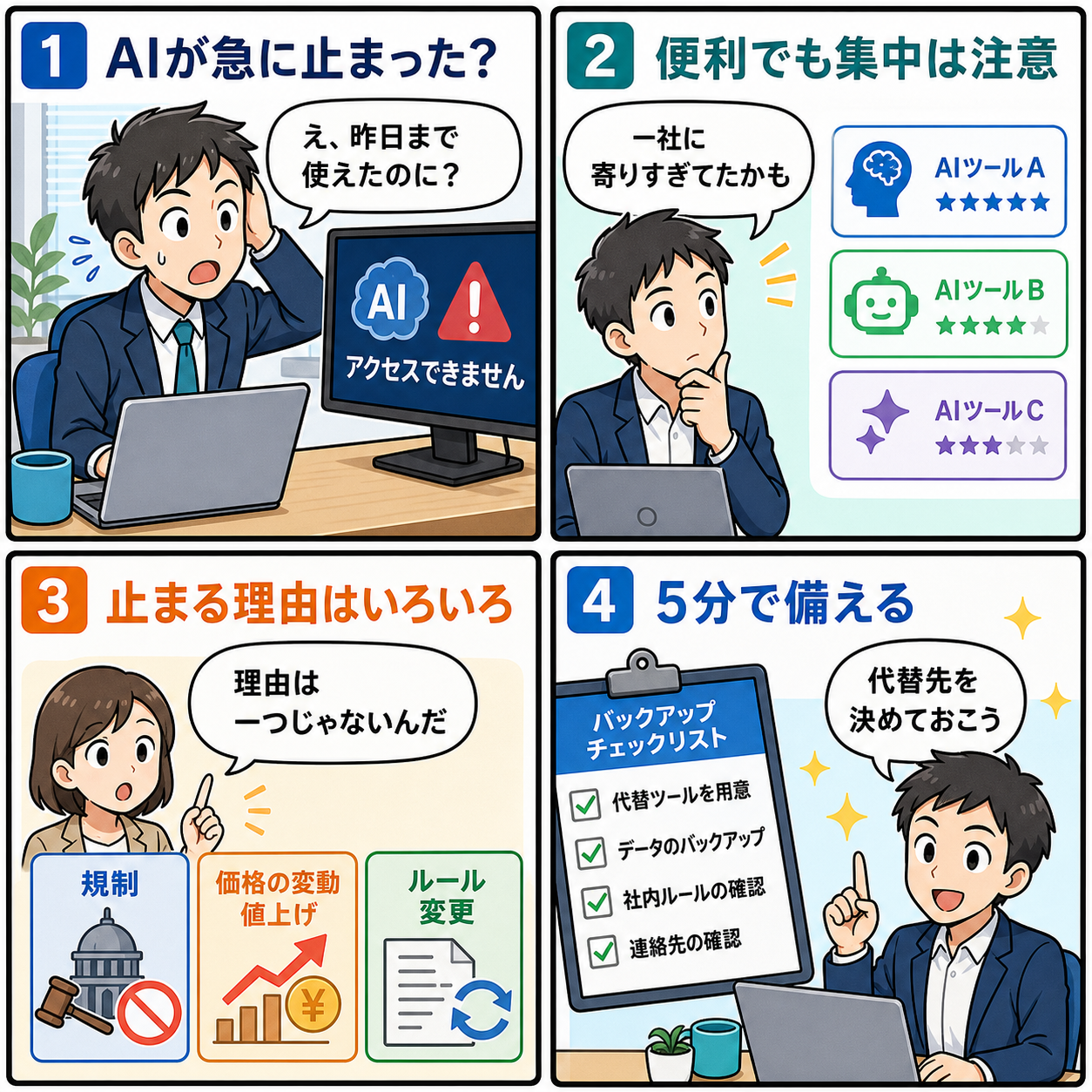 Anthropic規制とAI依存リスクを会話で整理する4コマ漫画