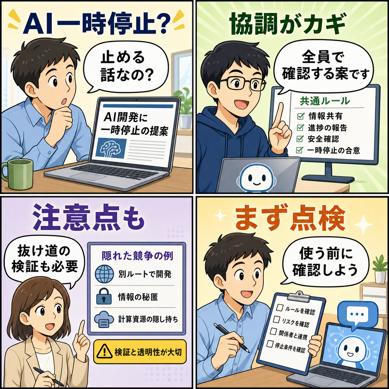 AI開発の一時停止提案を確認する4コマ漫画