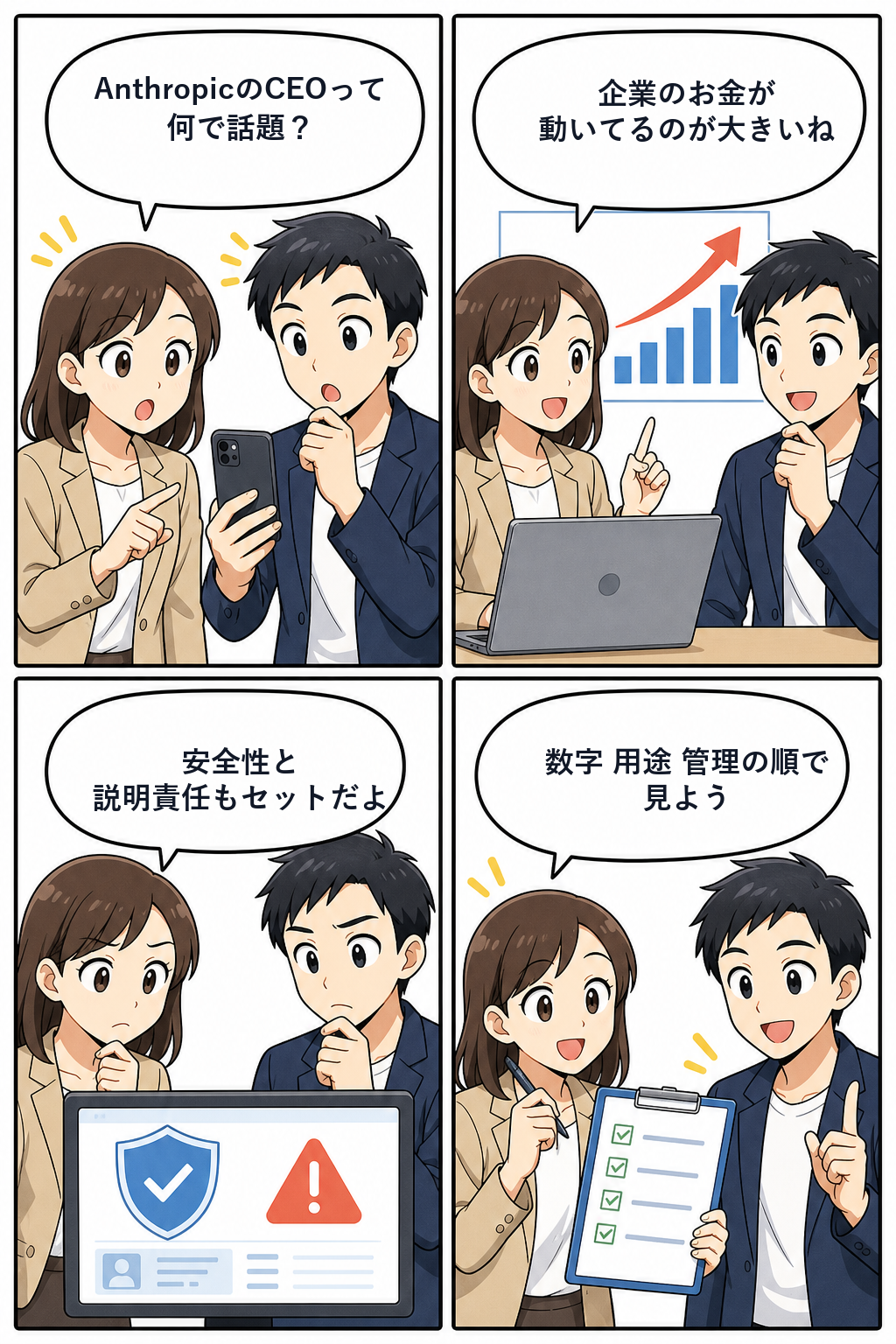 Anthropicの成長とAI市場の見方を整理する4コマ漫画