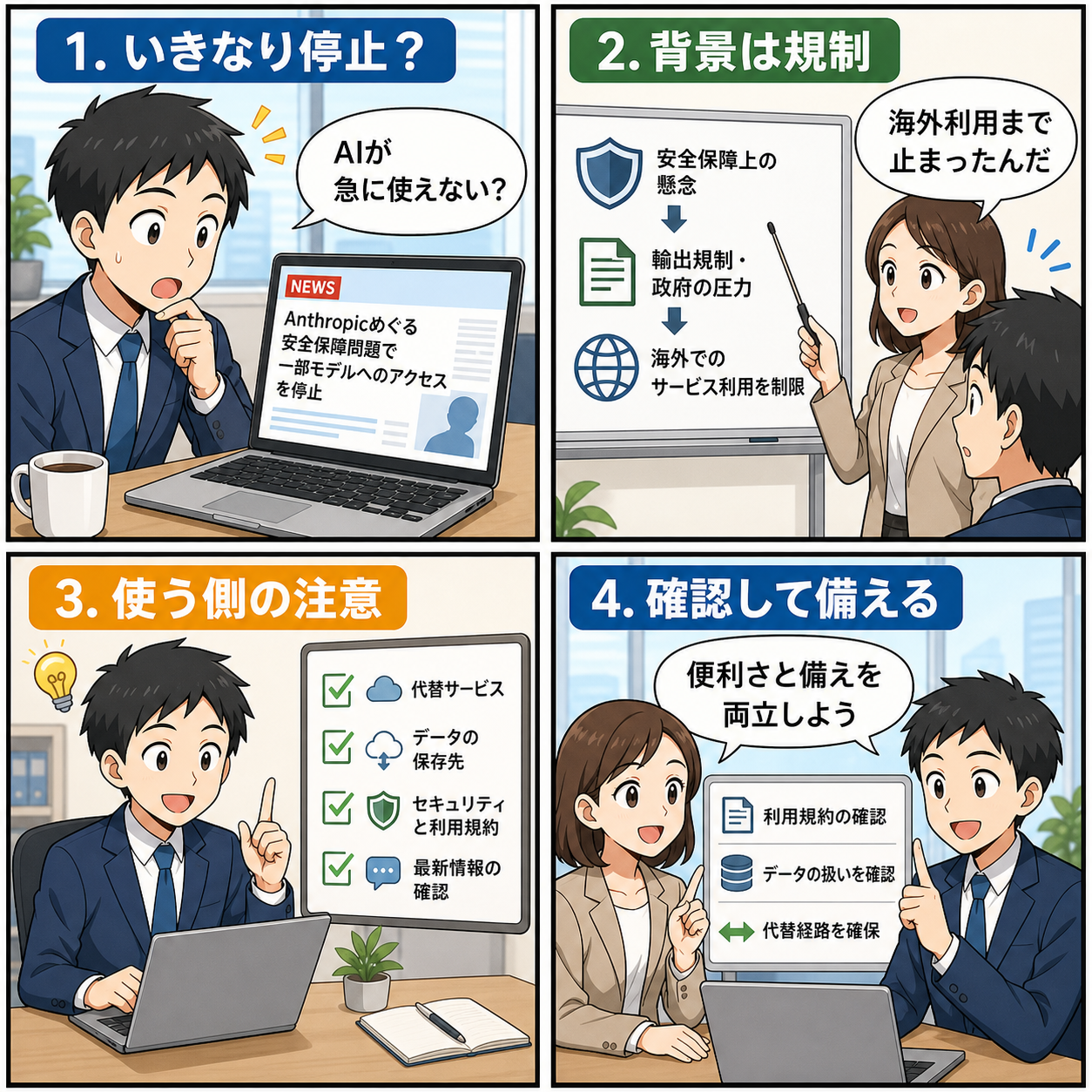 Anthropicをめぐる安全保障問題とAI利用制限を分かりやすく整理する4コマ漫画