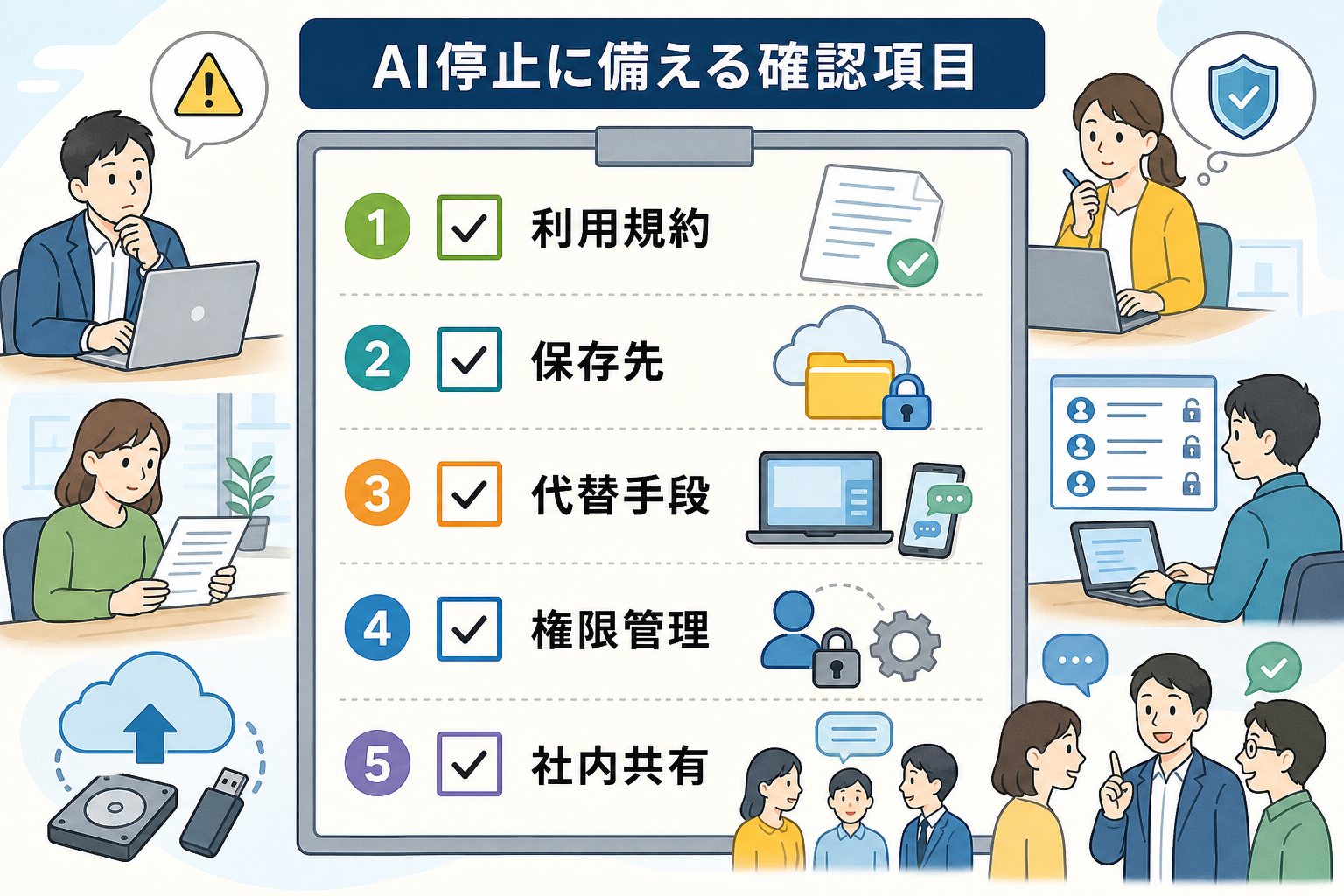 AI停止に備えて利用規約や保存先や代替手段や権限管理を確認するためのチェックリスト図解