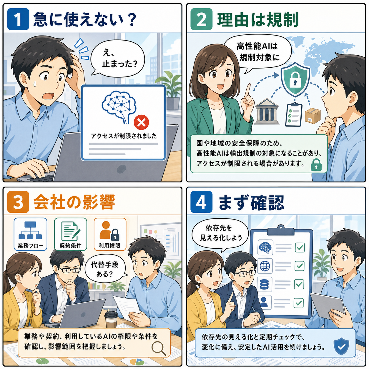AIモデル規制の流れを説明する4コマ漫画