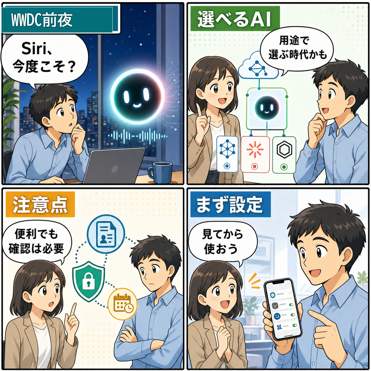 AppleのAI機能と設定確認をテーマにした4コマ漫画