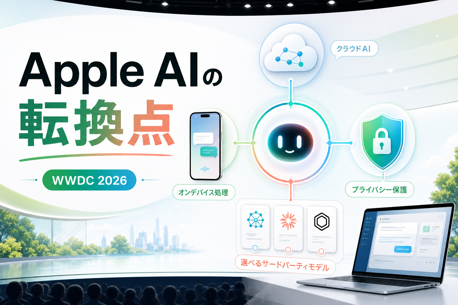 Apple AIの転換点を示す発表会風アイキャッチ