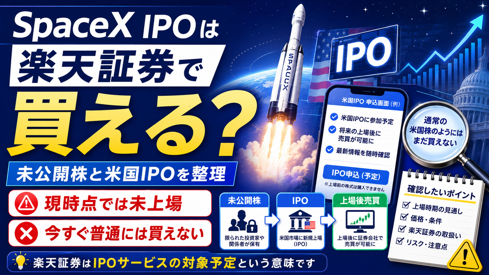 SpaceX IPOは楽天証券で買えるのか　未公開株と米国IPOで確認したいことのアイキャッチ
