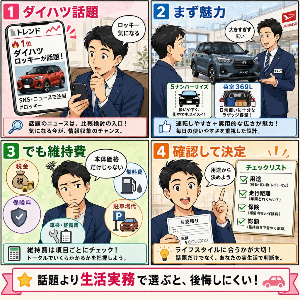 ダイハツ ロッキーが話題の今、買う前に確認したい維持費と選び方の4コマ漫画