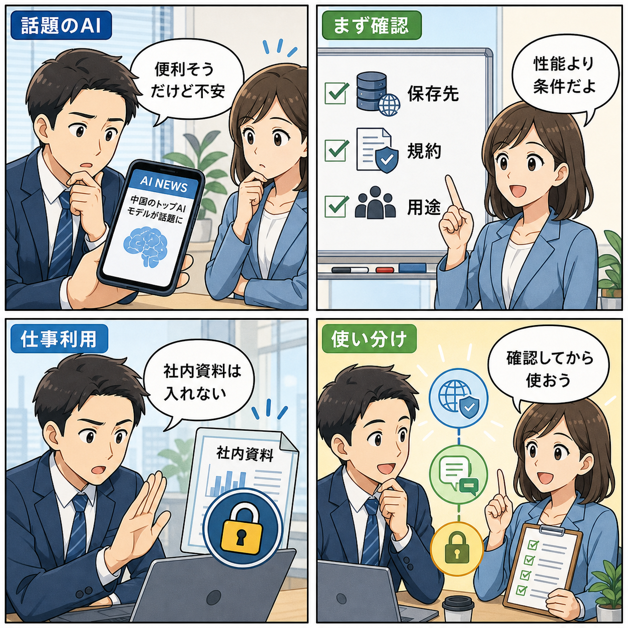 中国AIモデルの利用前に確認ポイントを話し合う4コマ漫画