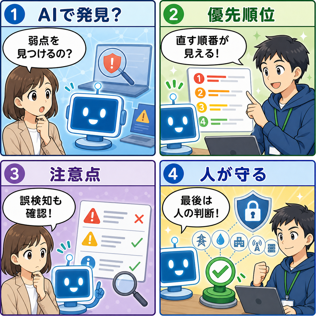 AIで脆弱性を見つけ人が確認して守る流れを描いた4コマ漫画