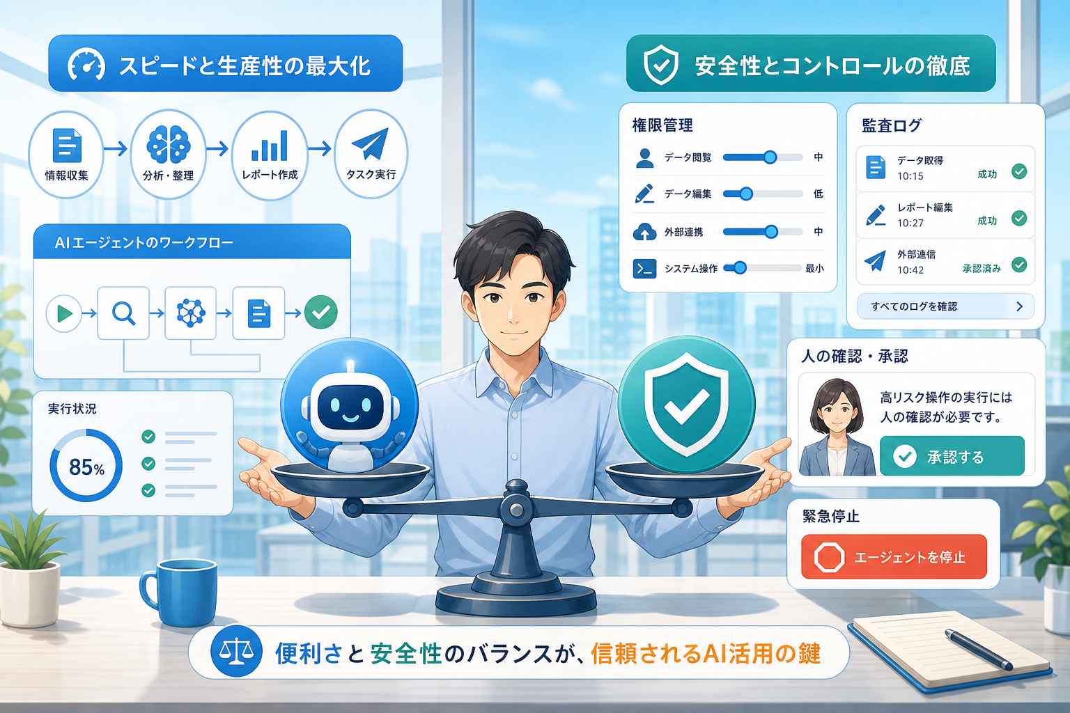 権限の強さとリスク管理のバランスを表したAI運用イメージ