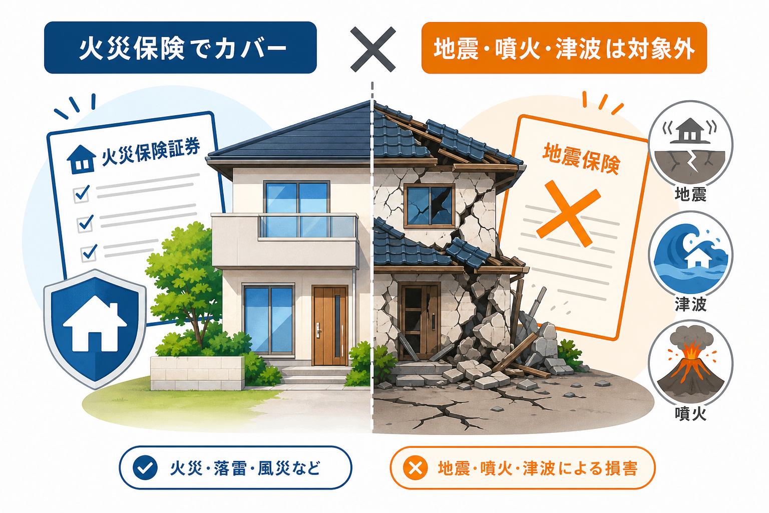 火災保険と地震保険の補償範囲の違いを示す図