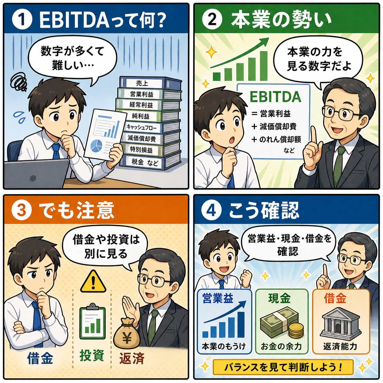 EBITDAの見方を会話で整理する4コマ漫画