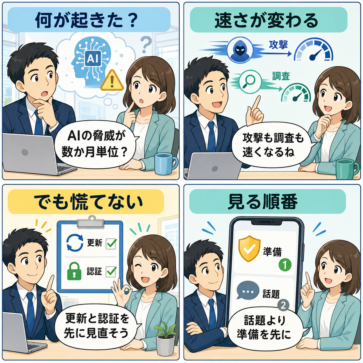 Five EyesのAIサイバー脅威を整理する4コマ漫画