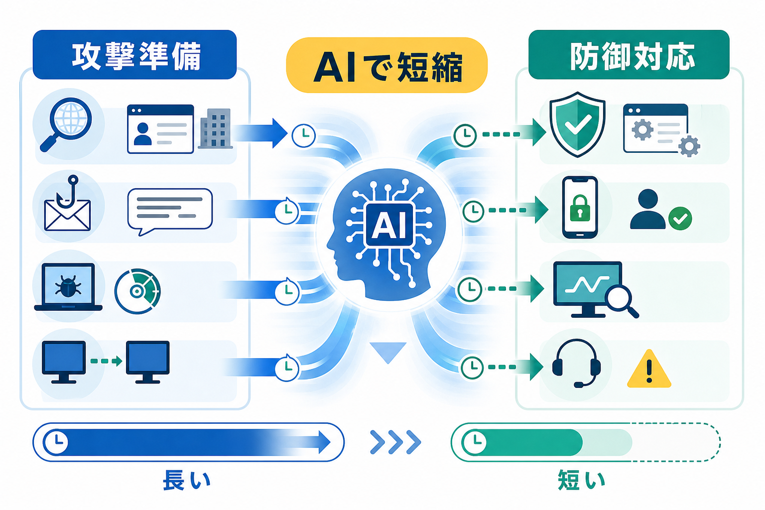 AIによって攻撃準備と防御対応の時間差が縮む様子を示す図