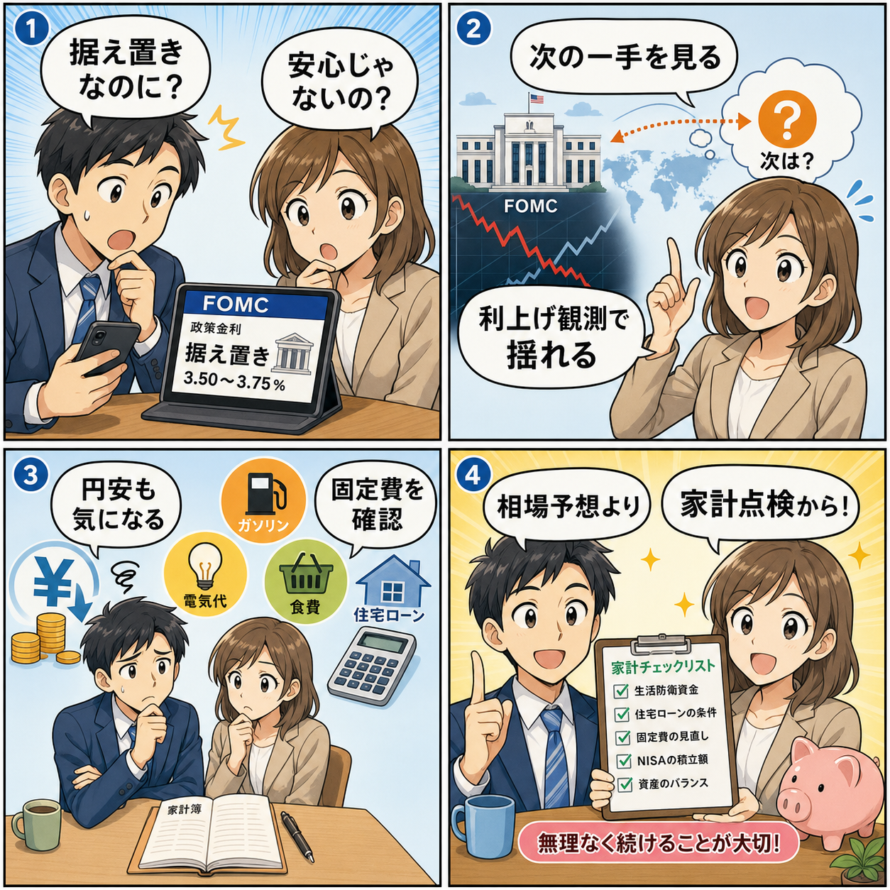 FOMC据え置きと家計影響を説明する4コマ漫画