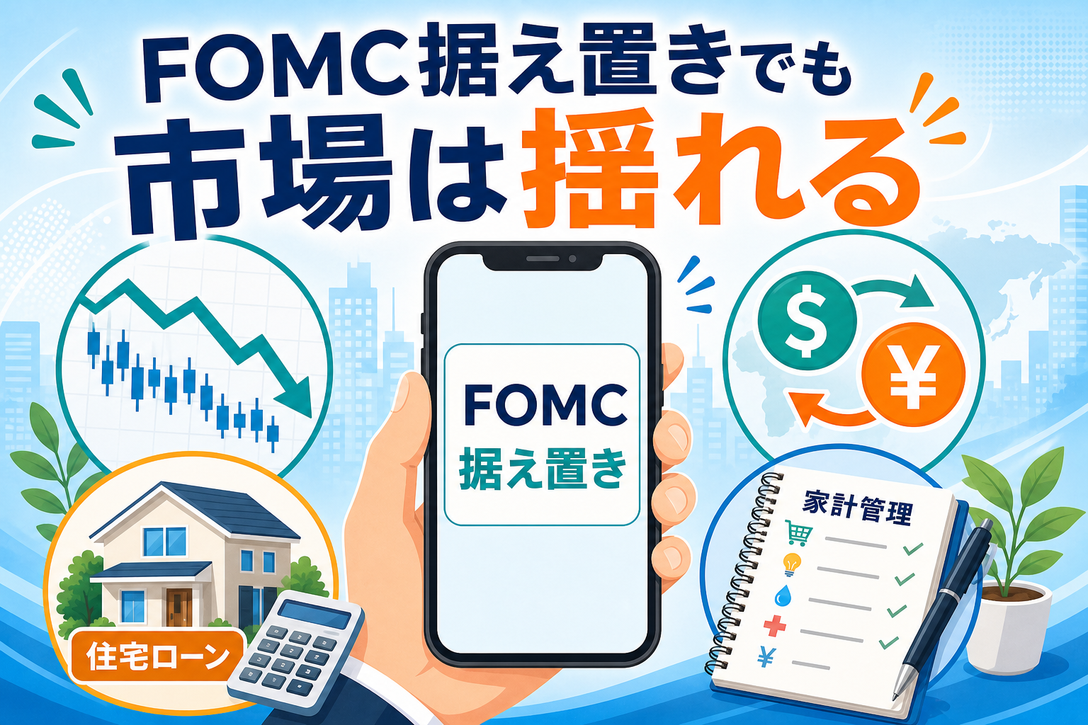 FOMC据え置きと家計への影響を示すアイキャッチ画像