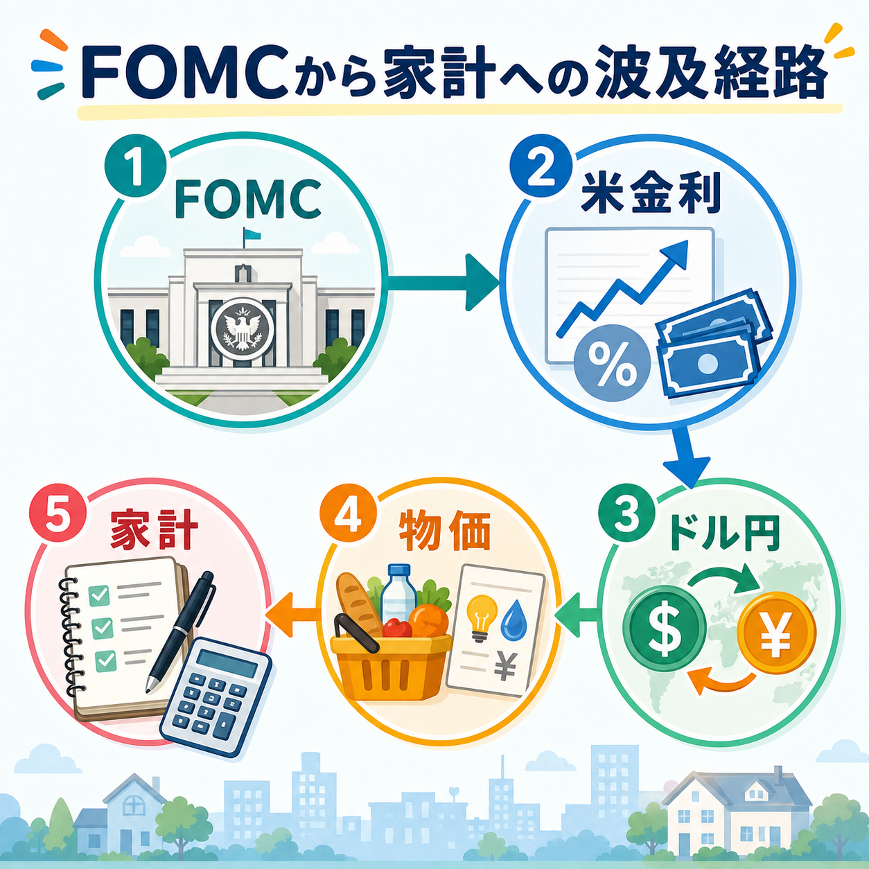 米金利と株価と家計への波及経路を示す図