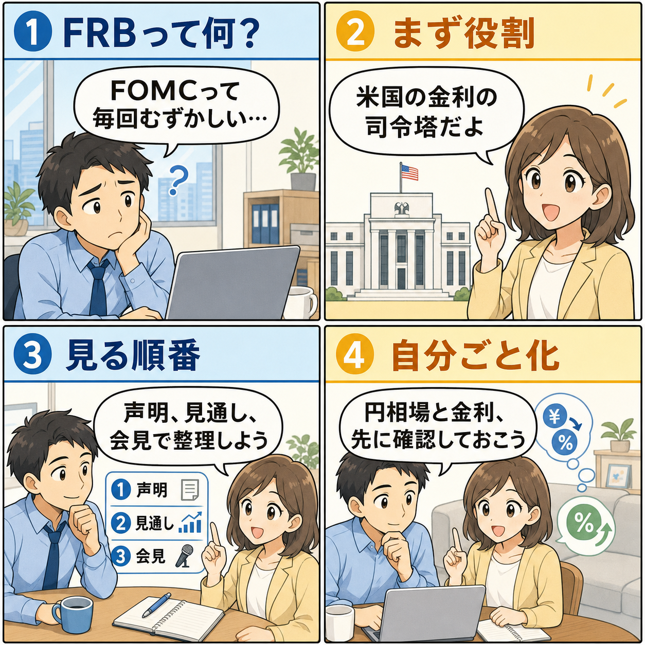 FRBとFOMCの注目点を会話で整理する4コマ漫画