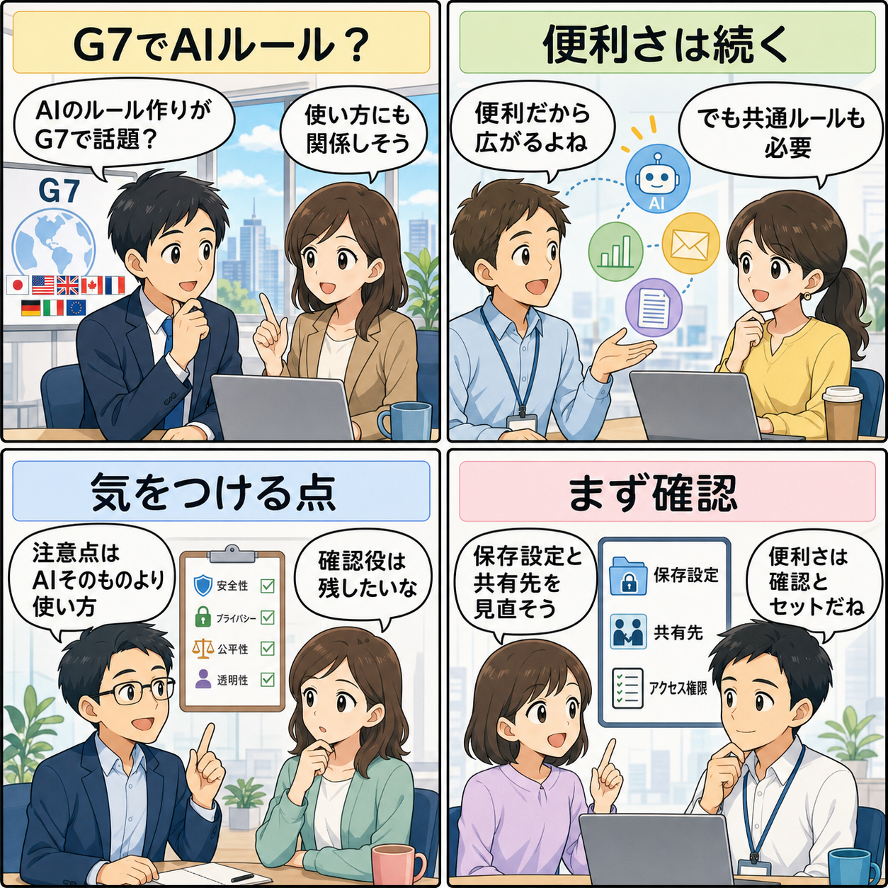 G7のAI規制議論を会話で整理する4コマ漫画