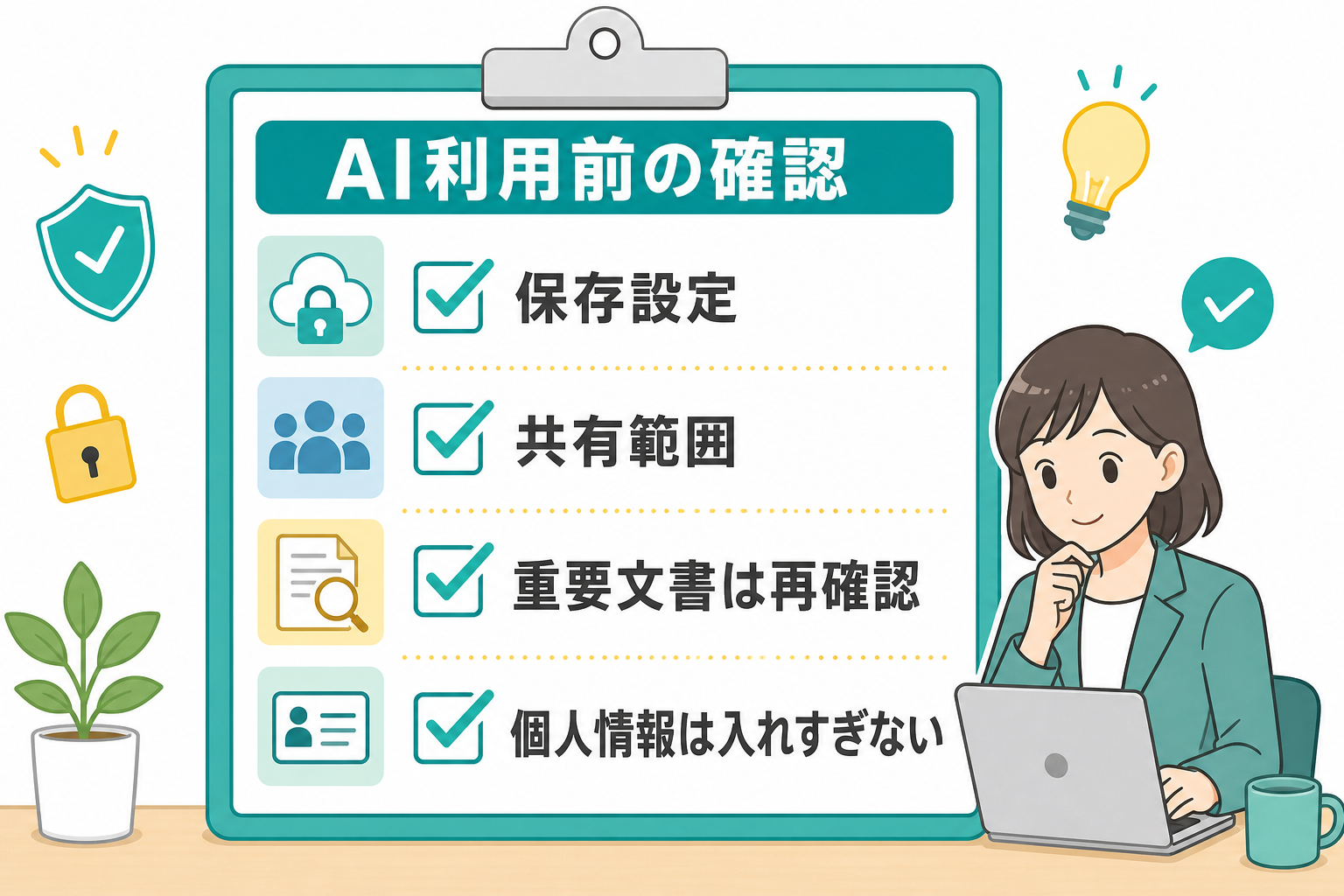 AIを安全に使い続けるための確認項目をまとめたチェックリスト図解