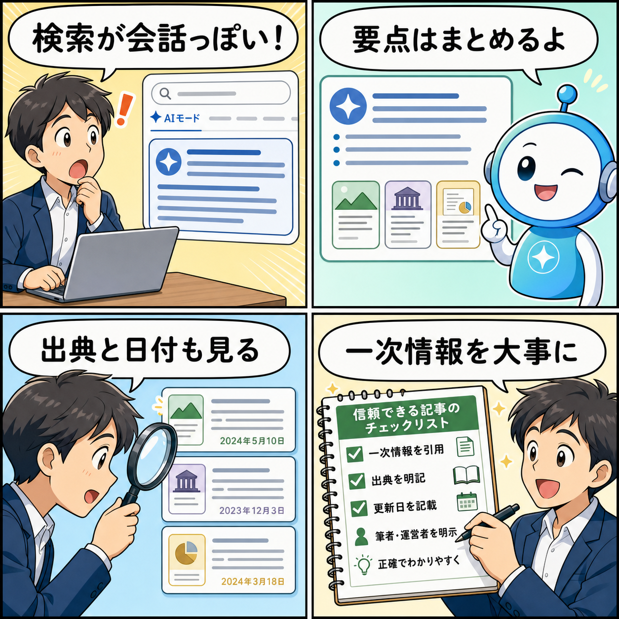Google AI Modeで検索結果が会話型に変わる流れを説明する4コマ漫画