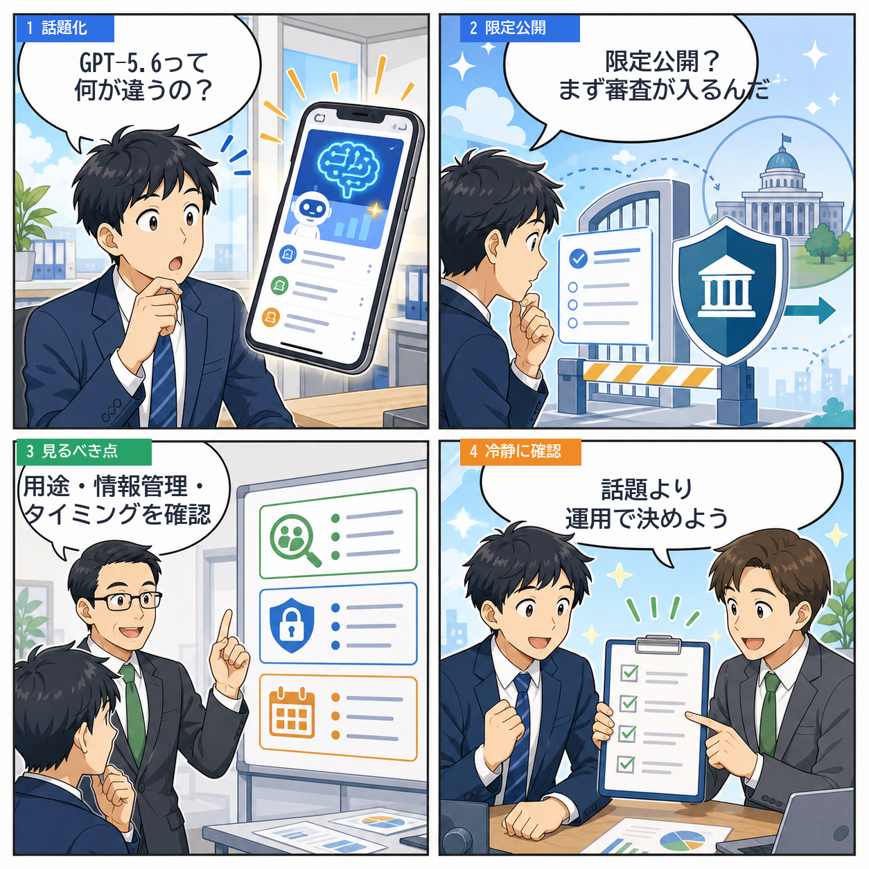 GPT-5.6の話題と導入判断をやさしく整理する4コマ漫画