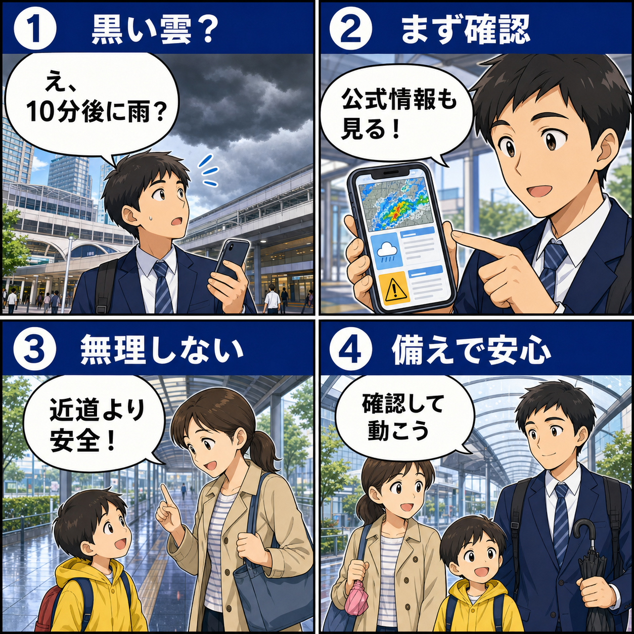 ゲリラ豪雨への備えを4コマで紹介する漫画