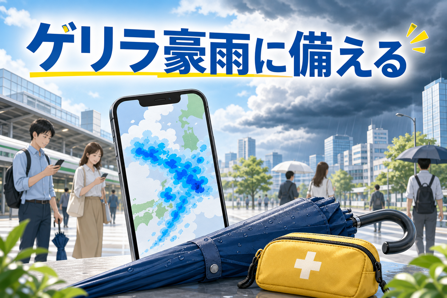 雨雲レーダーでゲリラ豪雨に備える街の人々