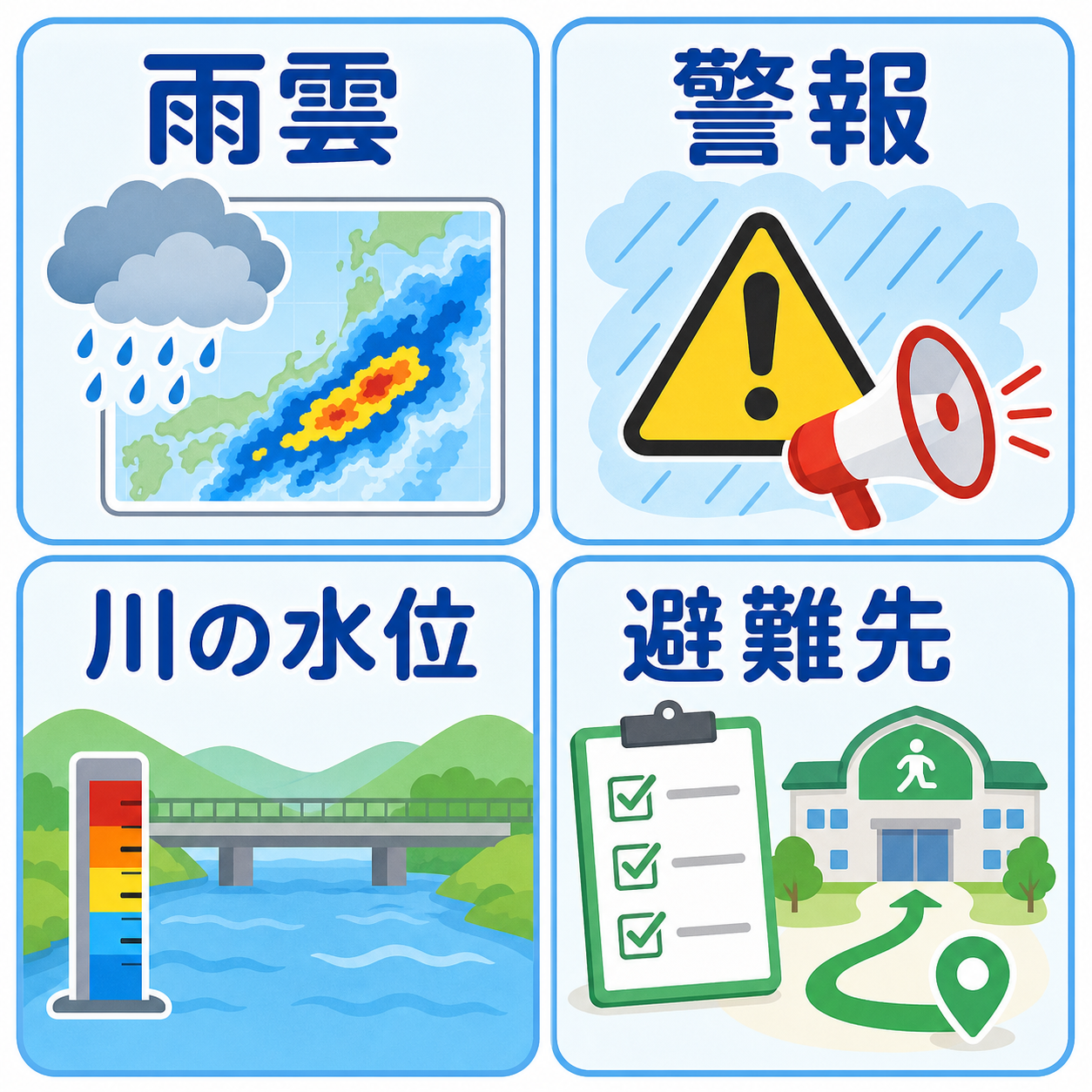 ゲリラ豪雨前に確認したい雨雲・警報・川の水位・避難先の図解