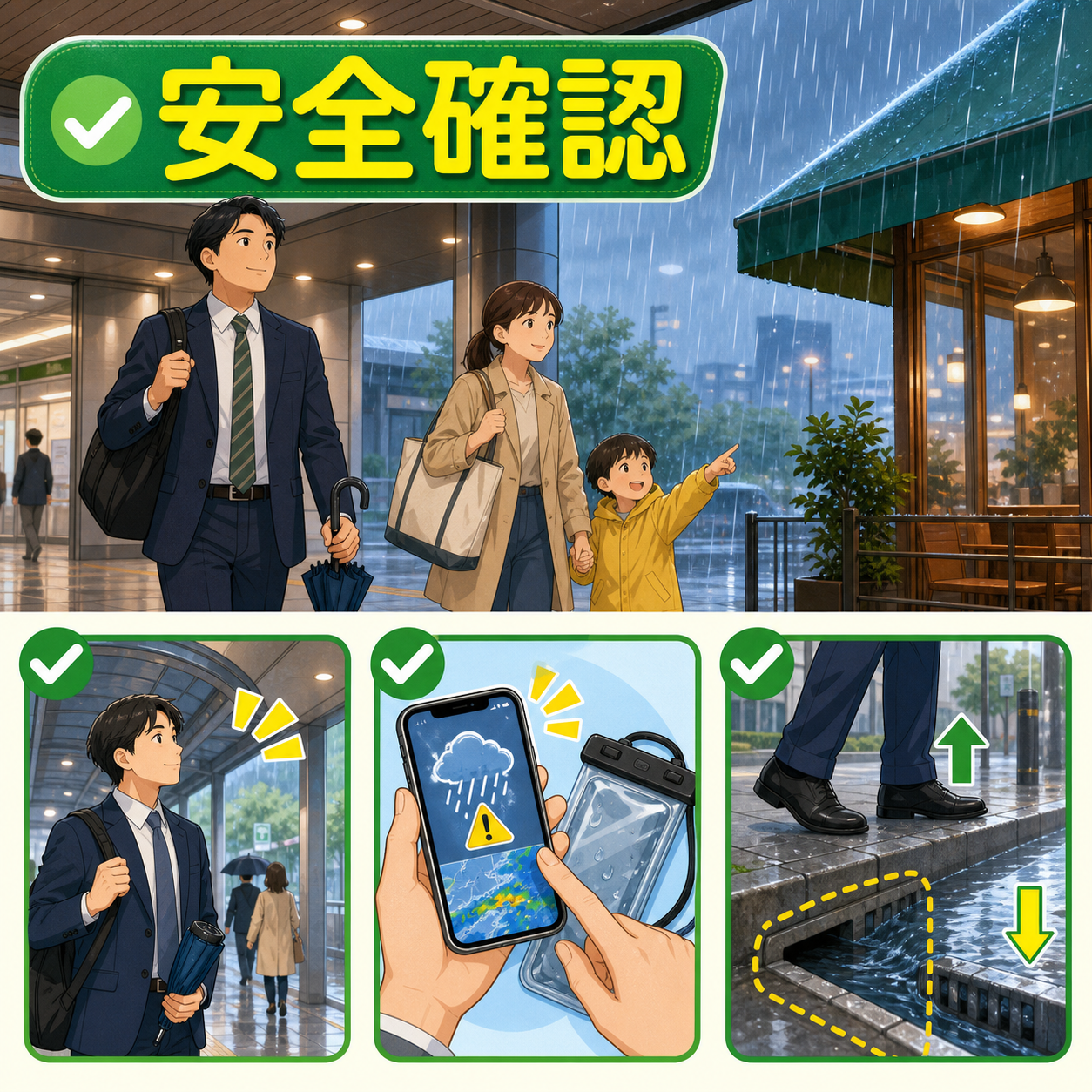 突然の強い雨で屋根のある場所に移動し安全確認する人々