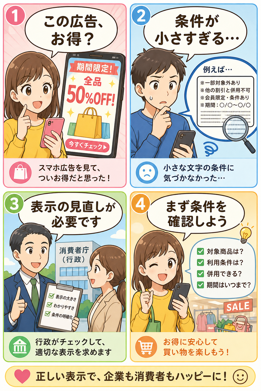 スマホ広告の条件確認を4コマで伝える漫画
