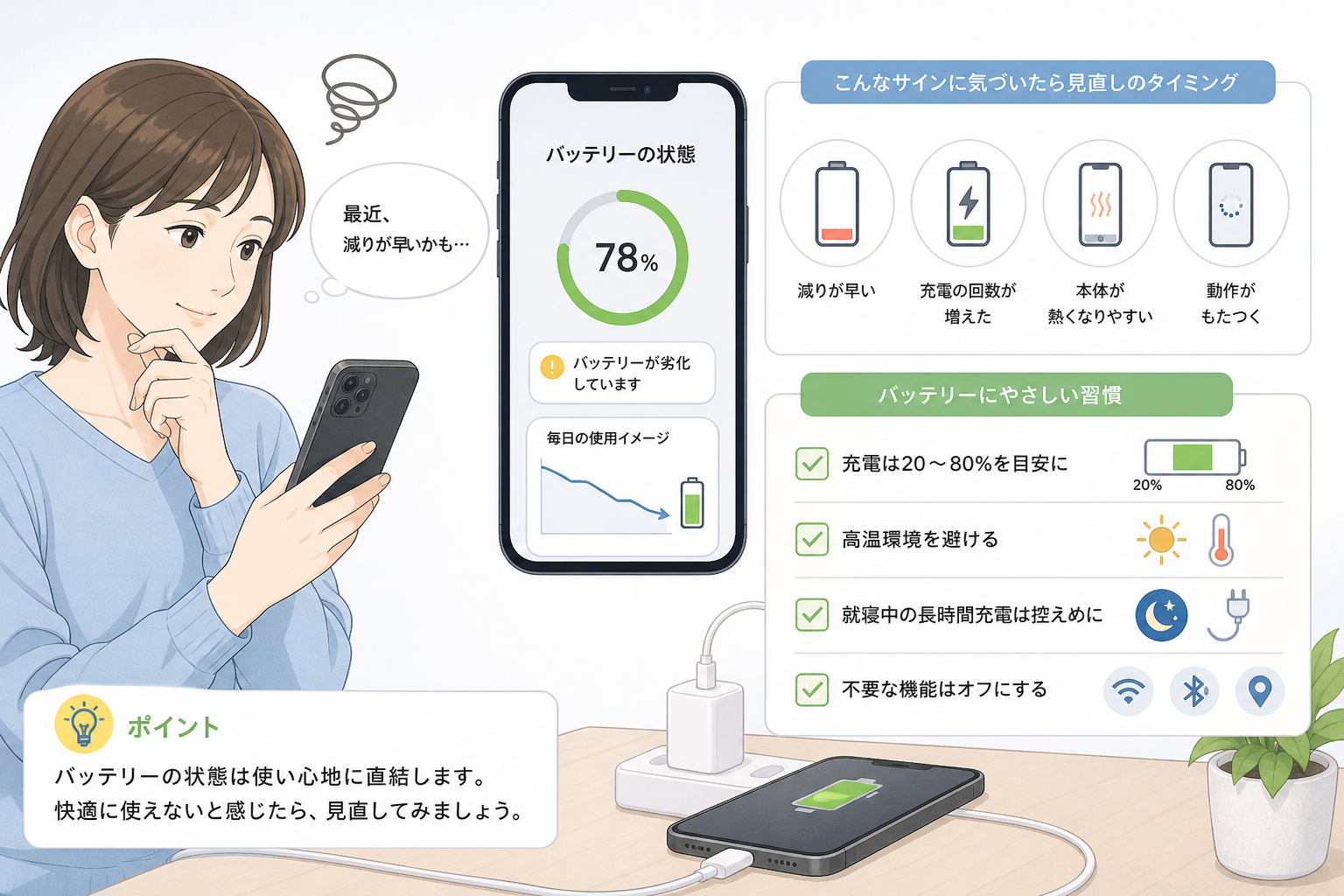 iPhoneのバッテリー状態と日常の使い方を確認するイメージ