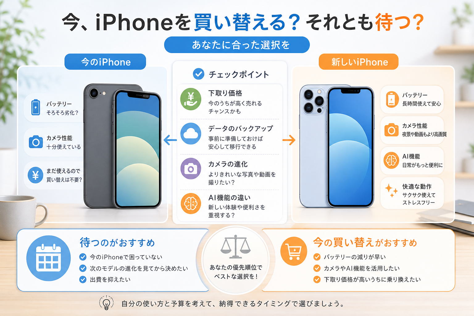 iPhoneを今替えるか待つかを費用と機能で比較するイメージ
