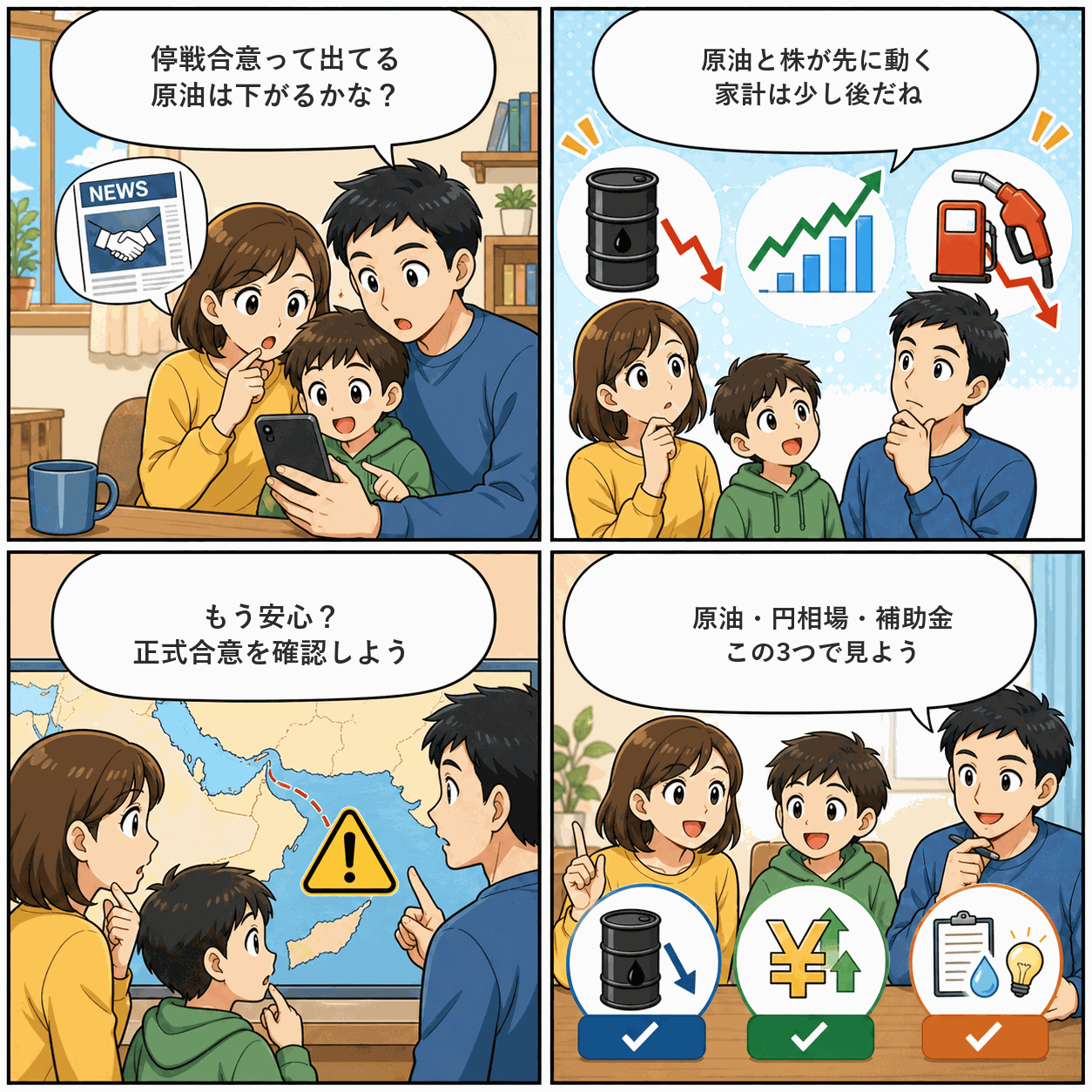 米イラン停戦と原油の見方を会話で整理する4コマ漫画