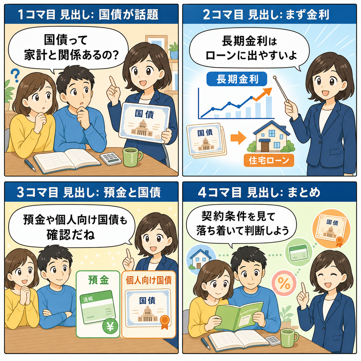 国債と長期金利の関係を説明する4コマ漫画