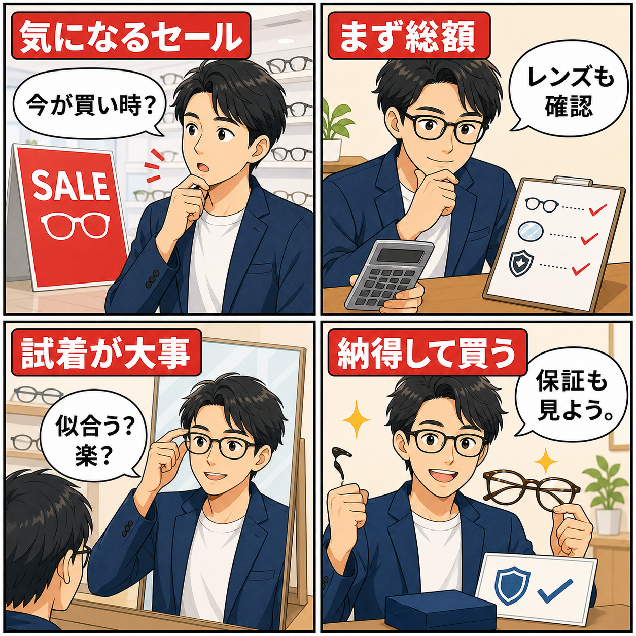 JINSセールと眼鏡選びを4コマでまとめた漫画