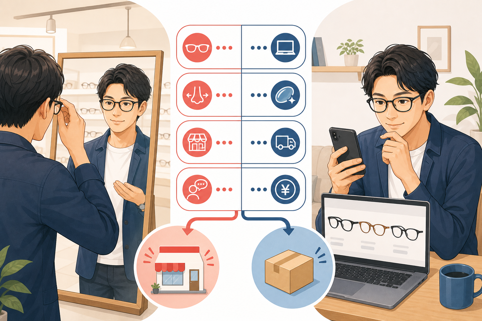 店舗試着とオンライン比較を使い分ける眼鏡購入の判断フロー図