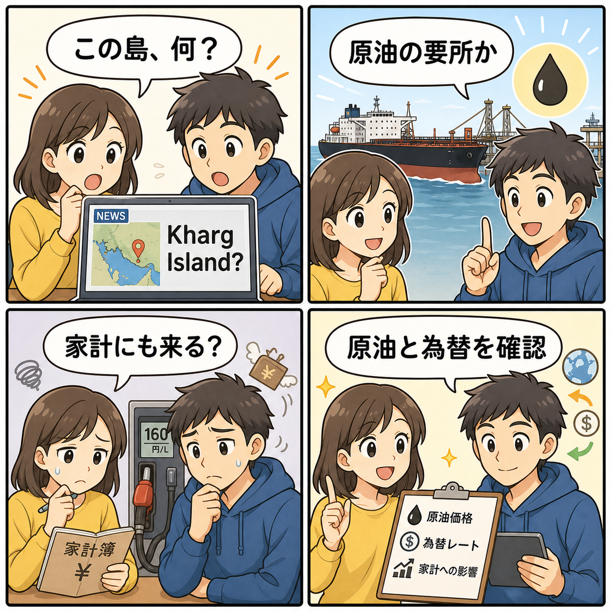 Kharg Islandが話題になった背景を家計目線で描く4コマ漫画