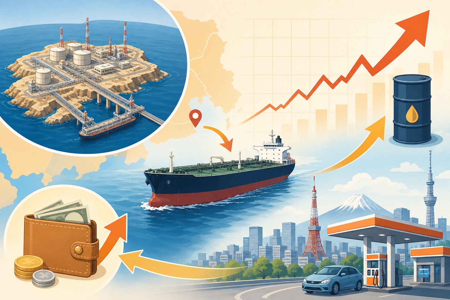 Kharg Islandと原油高が日本の家計に波及するイメージのアイキャッチ