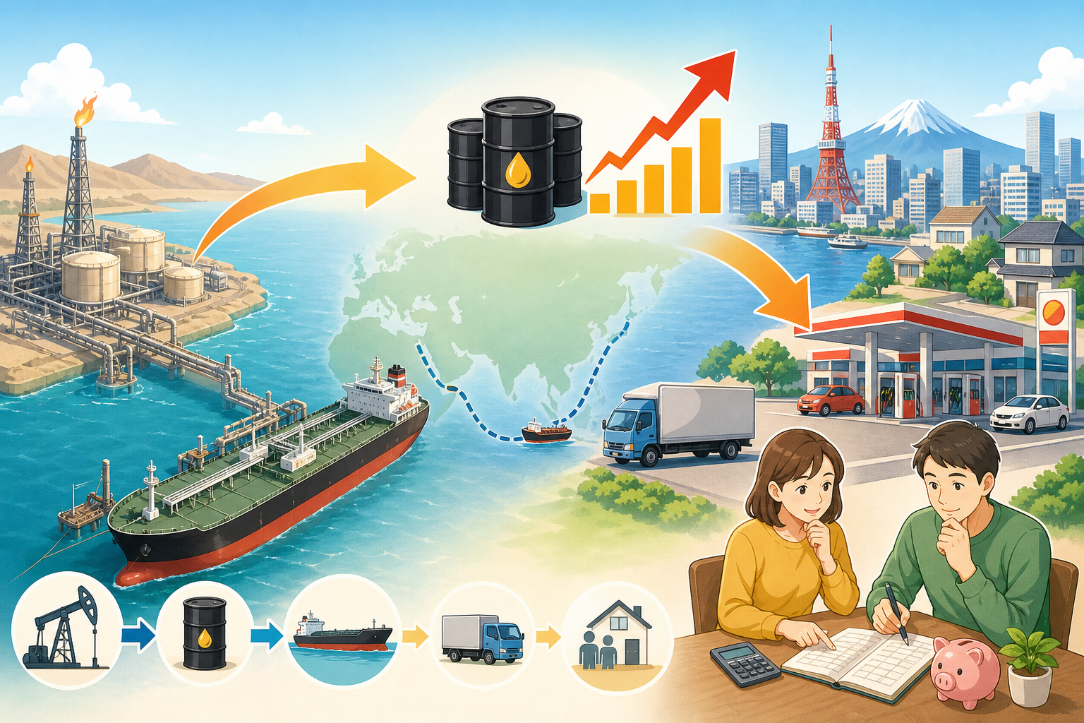 中東の原油輸出拠点から日本の家計までの流れを示す概念図